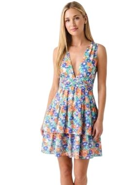 NWOT BANJANAN Donna Floral Tiered Cotton A-Line Deep V-Neck Lined Dress $315
